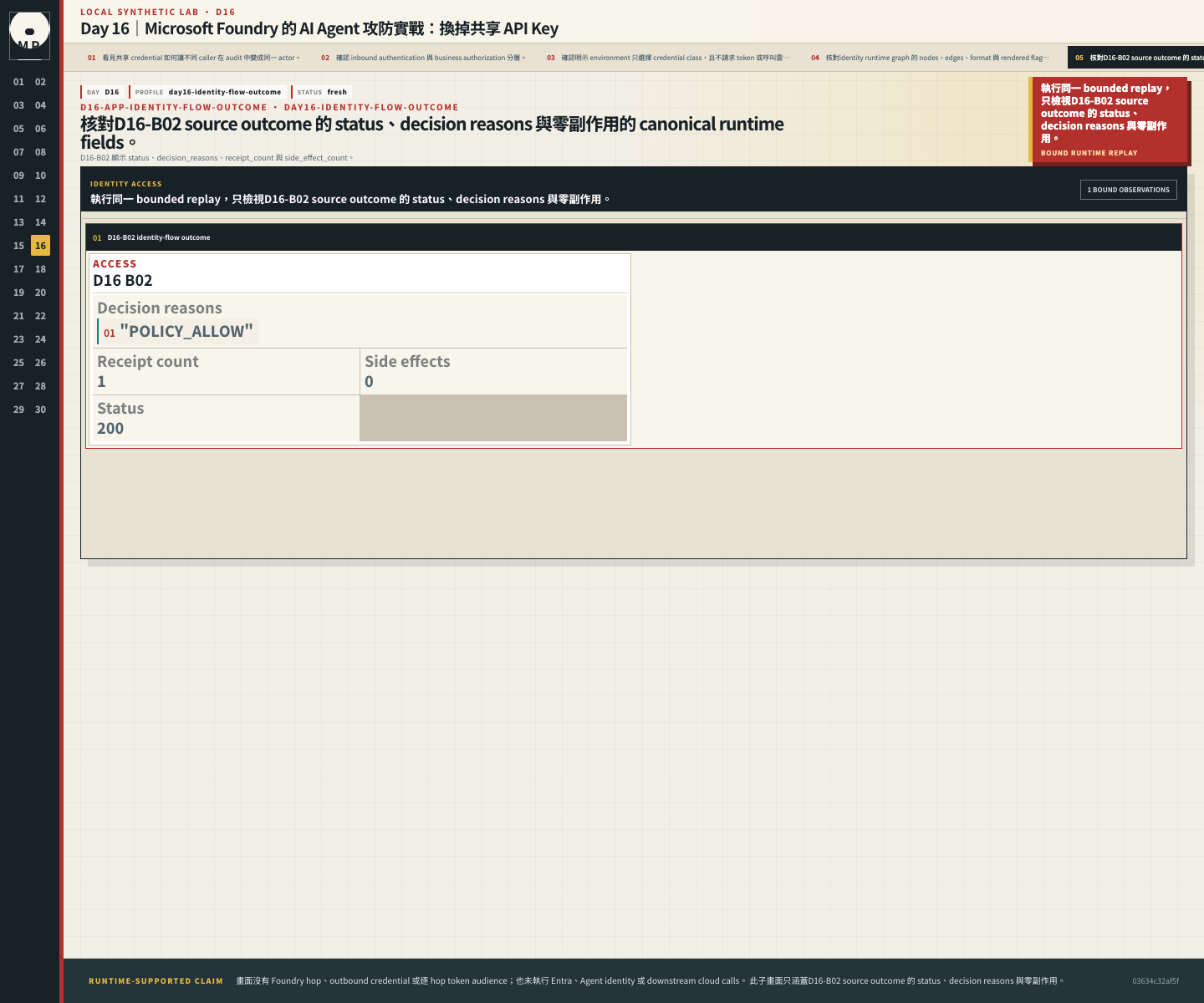 D16-B02 source outcome 的 status、decision reasons 與零副作用。