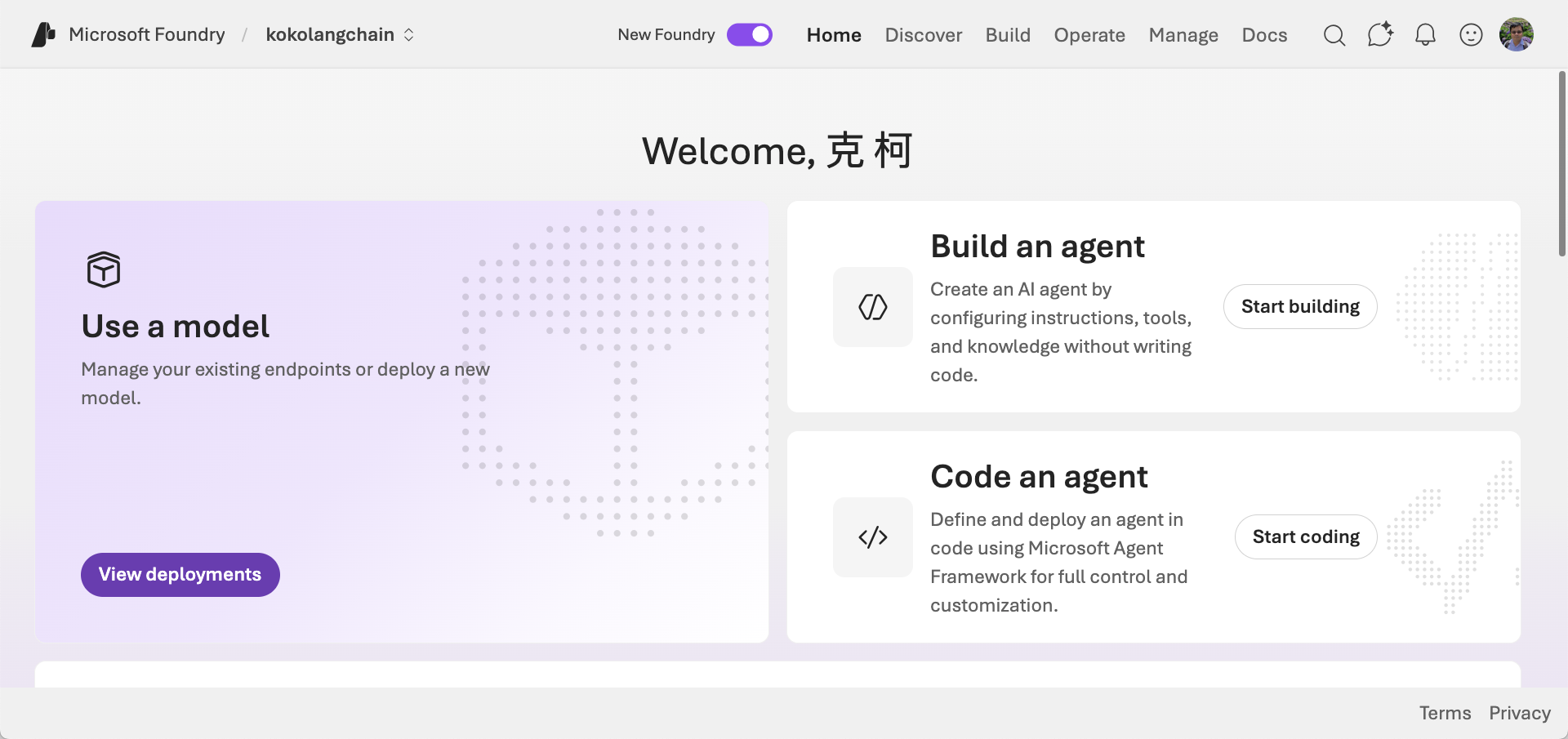 Microsoft Foundry Project home／overview 顯示 Project 層級導覽、Build 入口，以及 owner-attested 作者頭像、公開顯示名稱與 project alias。