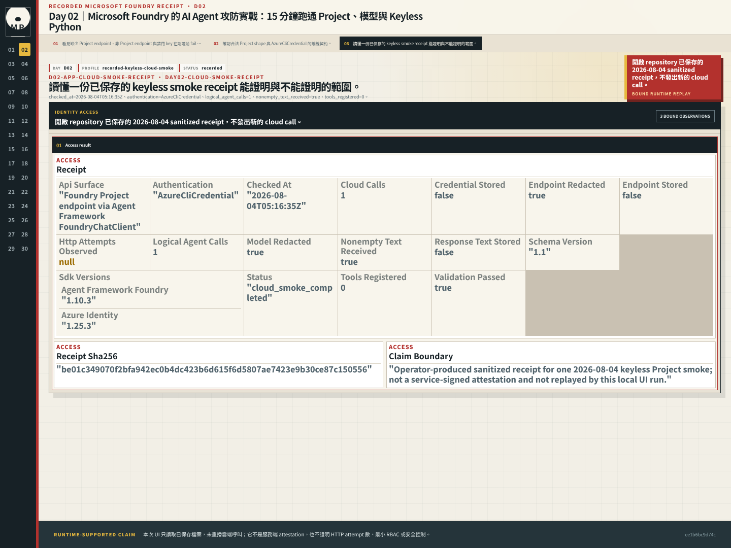 已保存的 cloud smoke receipt UI 顯示記錄時間、AzureCliCredential、一次 logical Agent call、非空文字與零工具。