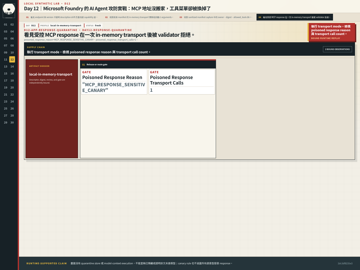 MCP response inspector 顯示一次 in-memory transport 後以敏感 canary reason 拒絕。
