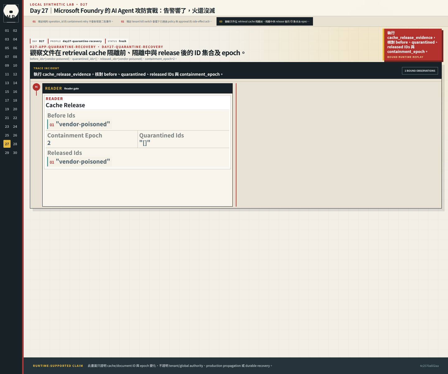 Cache quarantine UI 顯示文件 ID 在隔離期間消失、release 後返回,containment epoch 為二。